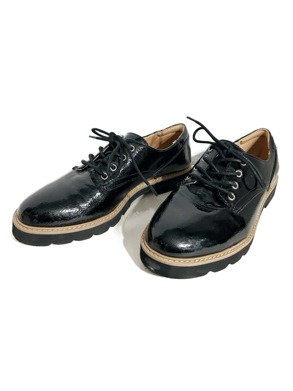 Kelly & Katie Singa Black Patent Lug Sole Oxfords Size 7M Lace Up Rounded Toe